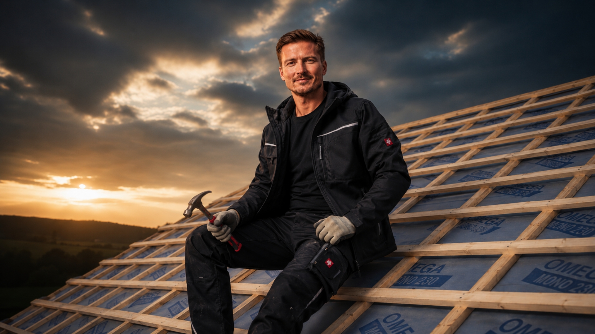Dachdecker auf einem Dachstuhl bei Sonnenuntergang